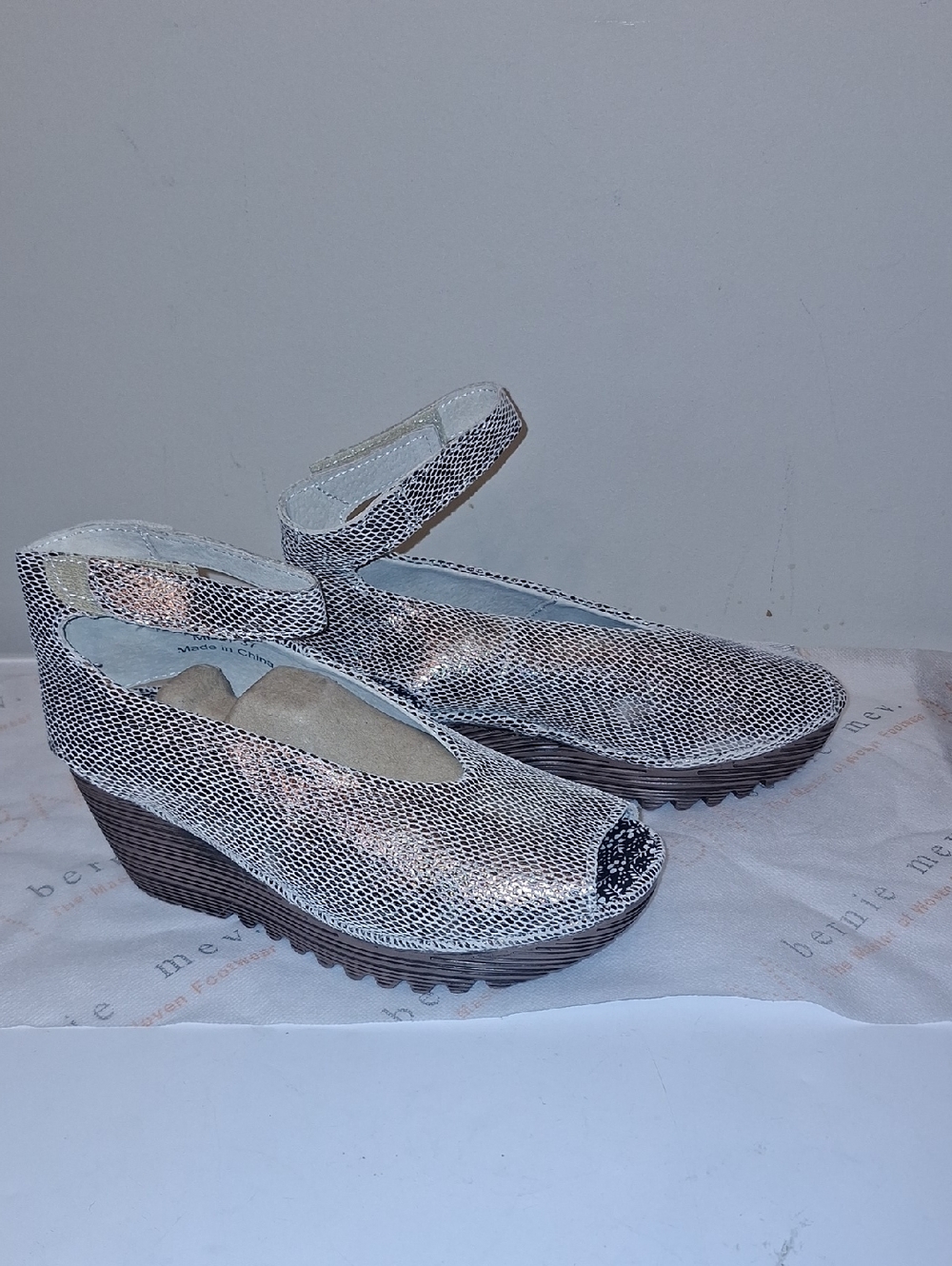 bernie mev. Metallic Silver Peep-Toe Wedge with Ankle Strap